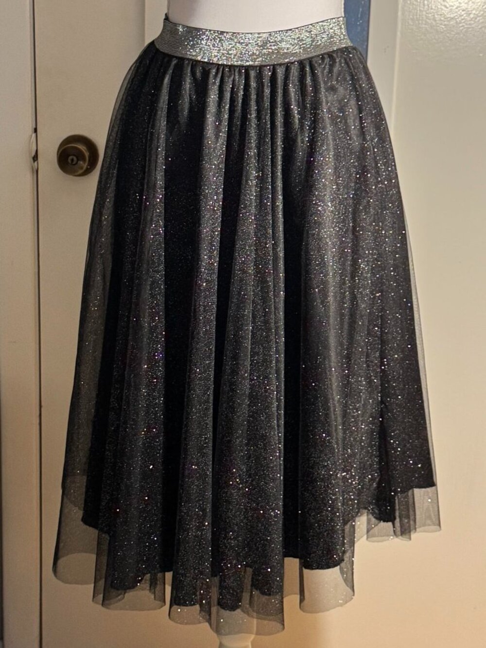 Zara Collection Black Sparkle Layered Midi Skirt Metallic Waistband